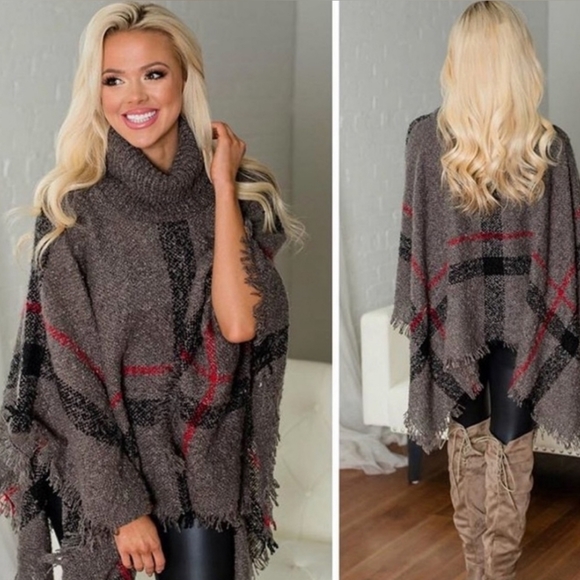 New Cozy Plaid Nubby Knit Turtleneck Pullover Poncho Cape Cardigan Gray Red - Picture 1 of 6